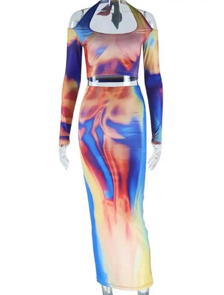 Women Sexy Multicolored Full Sleeve Crop Two Piece Skirt Set