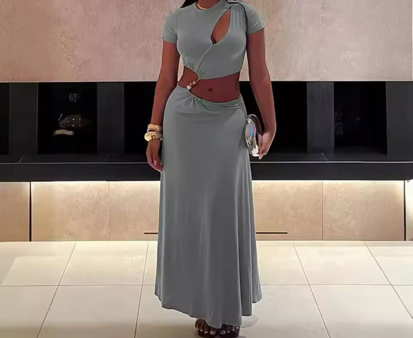 Women Sexy Gray Short Sleeve Cut Out Maxi Dress