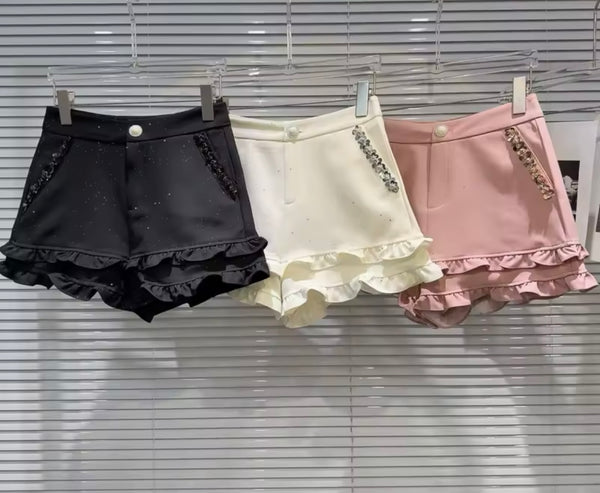 Women Color Fashion Bling Pocket Ruffled Shorts