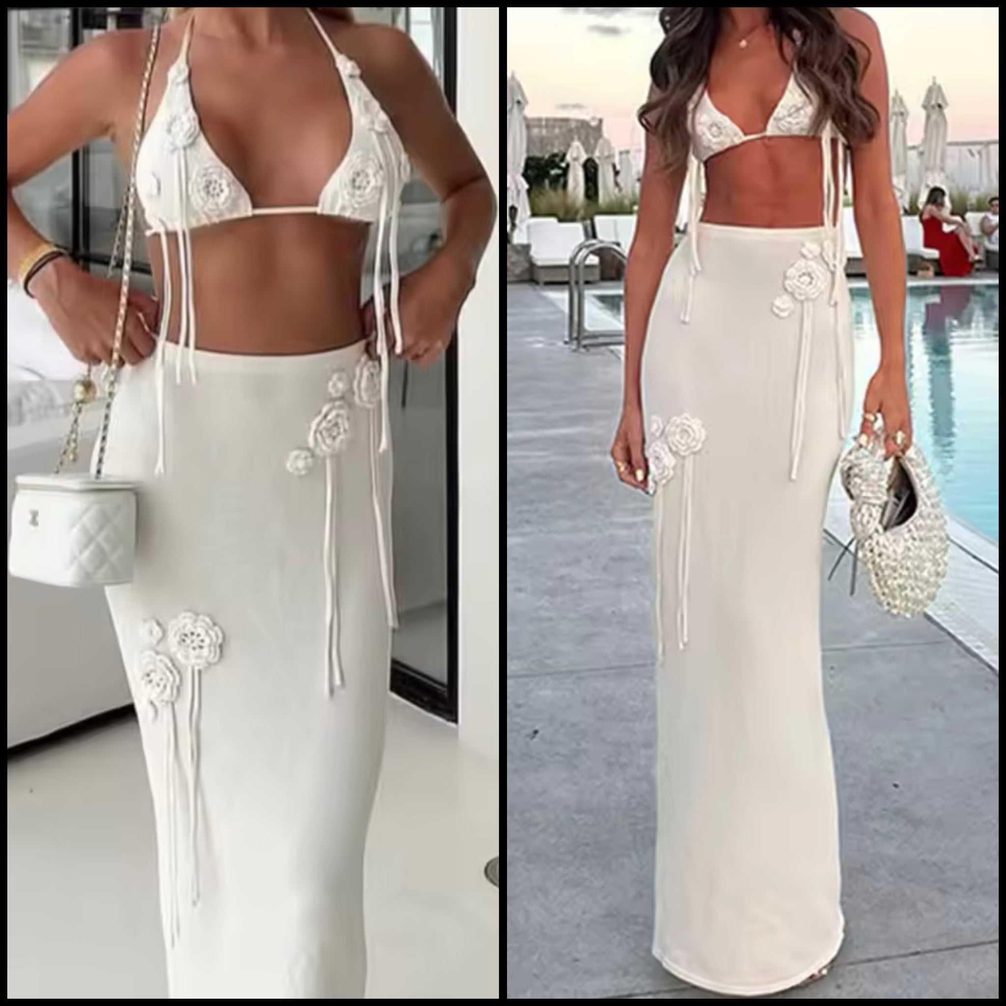 Women White Sexy 3D Floral Tassel Two Piece Maxi Skirt Set