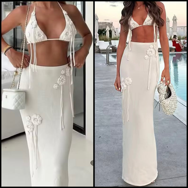 Women White Sexy 3D Floral Tassel Two Piece Maxi Skirt Set