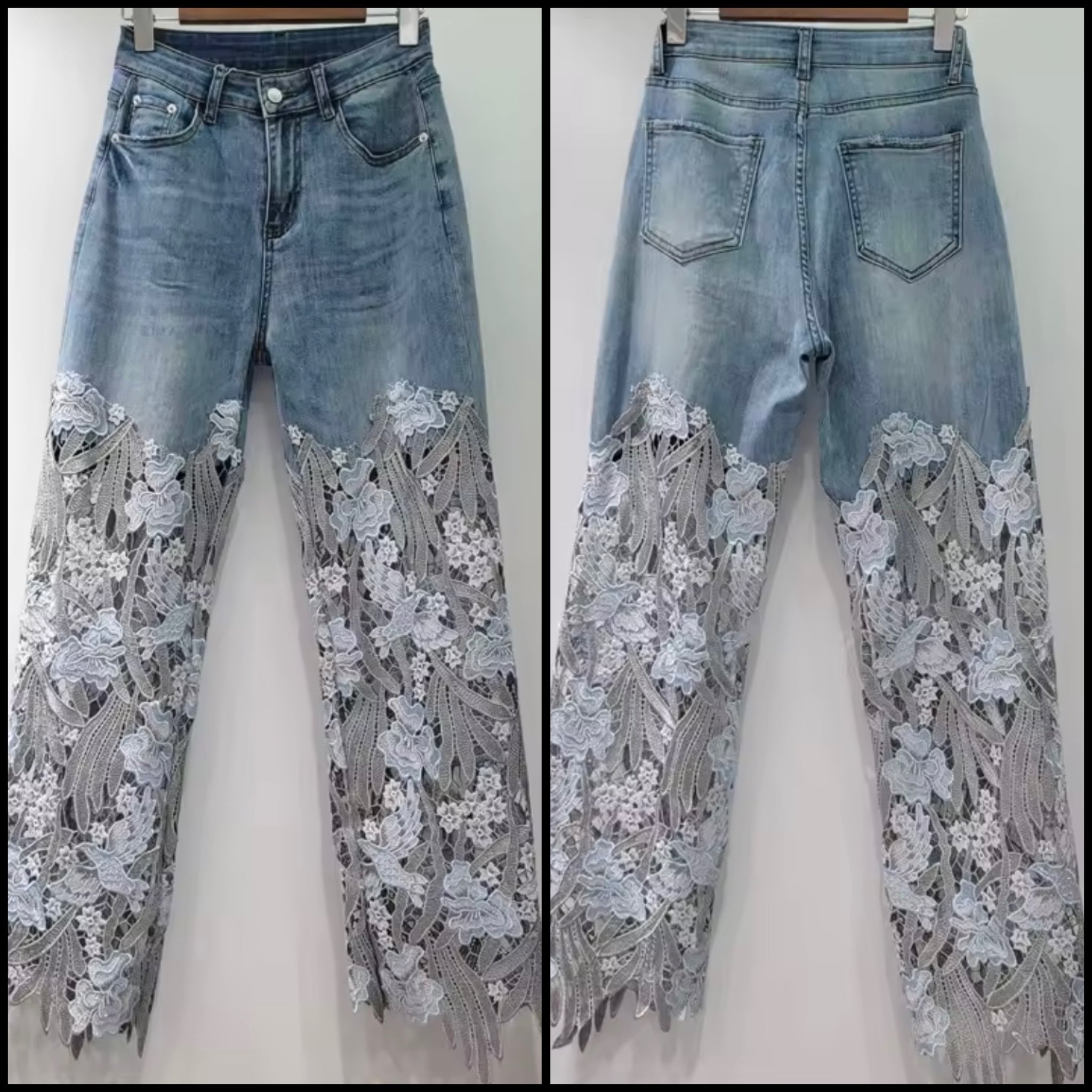 Women Fashion Embroidery Lace Patchwork Denim Pants