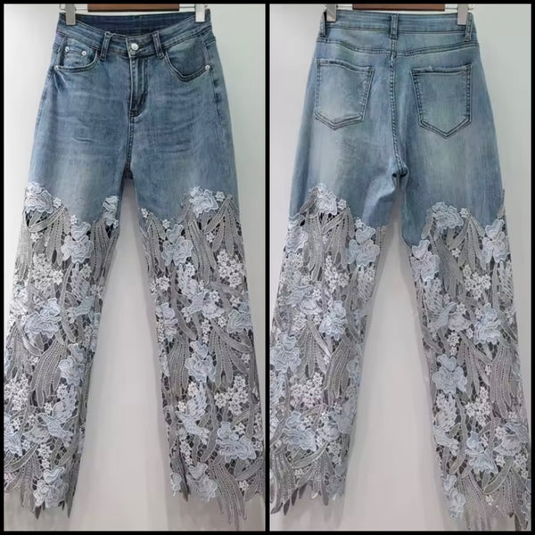 Women Fashion Embroidery Lace Patchwork Denim Pants