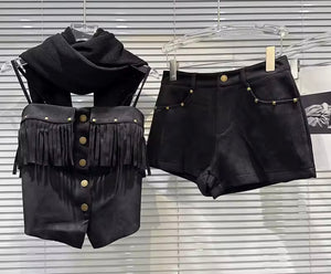 Women Sleeveless Suede Rivet Button Up Fringe Two Piece Short Set