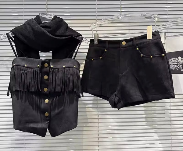 Women Sleeveless Suede Rivet Button Up Fringe Two Piece Short Set