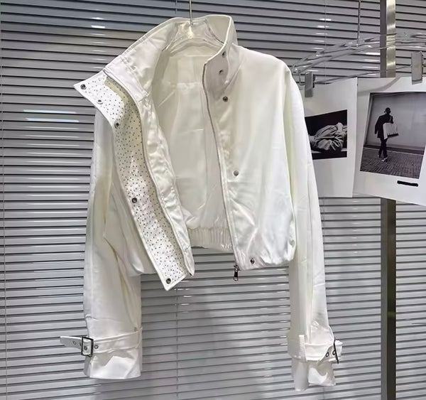 Women Fashion Pearl Bling Buckled Jacket