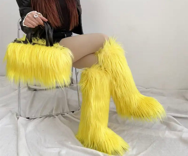 Women Fashion Color Faux Fur Knee High Boots Purse Set