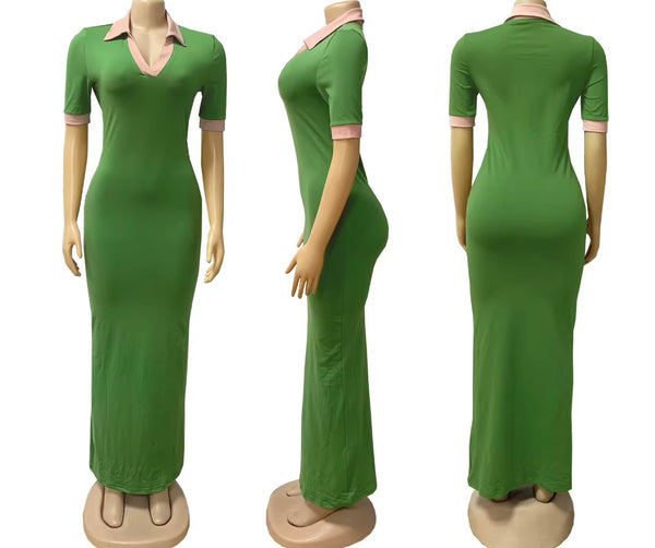 Women Color Patchwork Collar Short Sleeve Sexy Maxi Dress