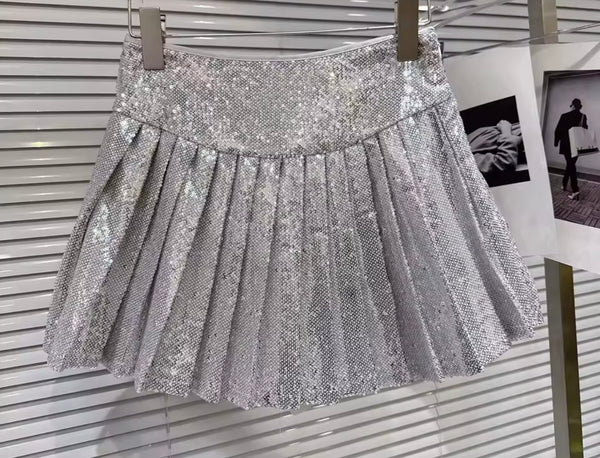 Women Sexy Sequins Halter Sleeveless Two Piece Pleated Skirt Set