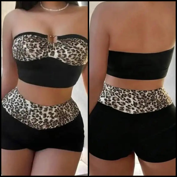 Women Sexy Strapless Black Leopard Patchwork Two Piece Short Set