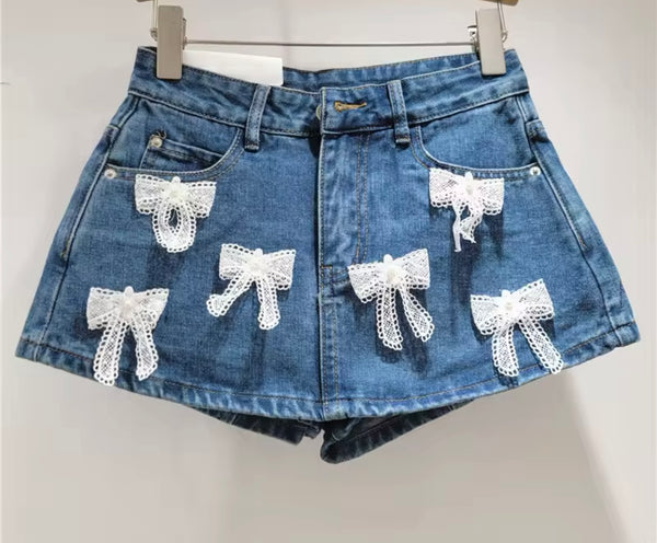 Women Fashion Bow Patchwork Denim Wrap Shorts