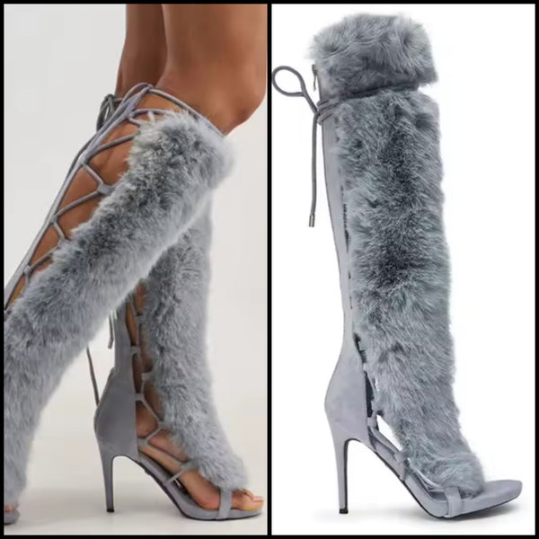 Women Fashion Open Toe Fur Patchwork Knee High Sandals