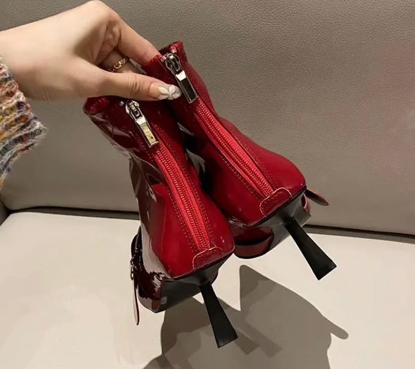 Women Fashion Pointed Toe Buckled Patent Leather Ankle Boots