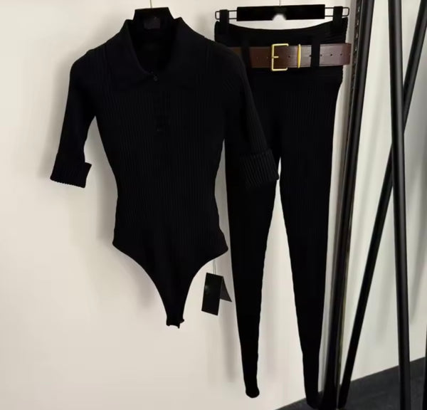 Women Ribbed Short Sleeve Bodysuit Two Piece Feet In Pant Set