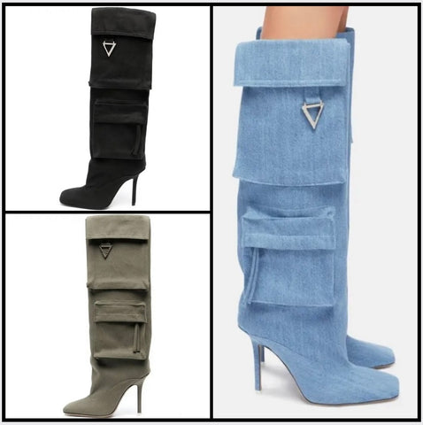Women Color Fashion Pocket Denim Knee High Boots