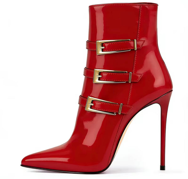 Women Fashion Pointed Toe Faux Leather Triple Buckle Ankle Boots