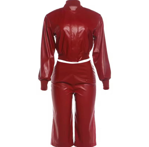 Women Fashion Red Faux Leather Jacket Two Piece Capri Pant Set