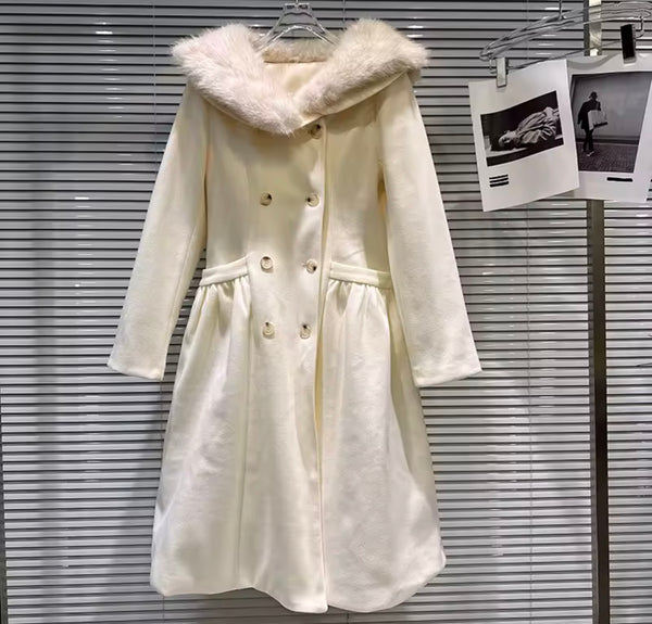 Women Faux Fur Patchwork Button Up Warm Wool Trench Jacket