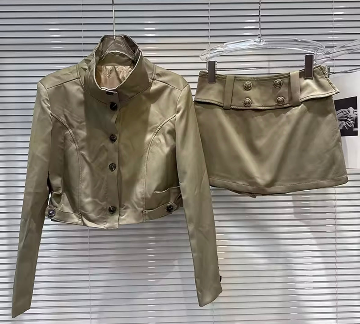 Women Fashion Button Up Buckled Jacket Two Piece Skirt Set