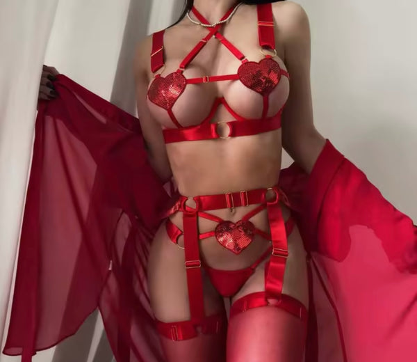 Women Sexy Red Heart Cut Out Lingerie Set