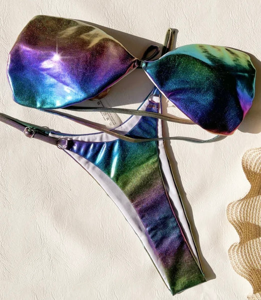 Women Sexy Strapless Colorful Metallic Bikini Swimsuit