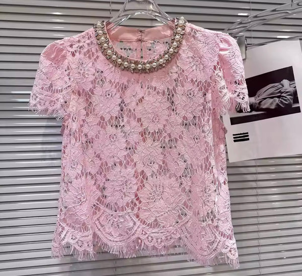 Women Fashion Pearl Rhinestone Lace Short Sleeve Top