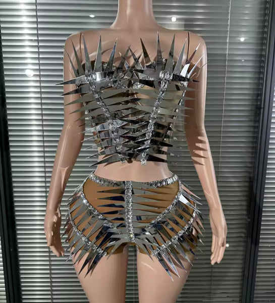 Women Sexy Strapless Chrome Spiked Embellish Two Piece Short Set