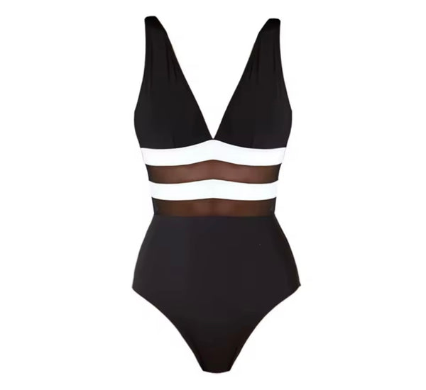 Women Sexy B&W Striped Swimsuit Cover Up Set