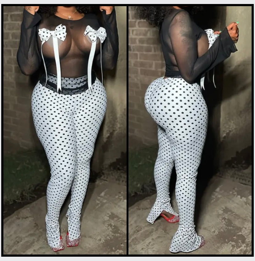 Women Sexy Polka Dot Bow Mesh Full Sleeve Two Piece Pant Set