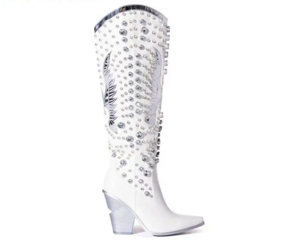 Women Fashion Rivet Faux Leather Western Knee High Boots