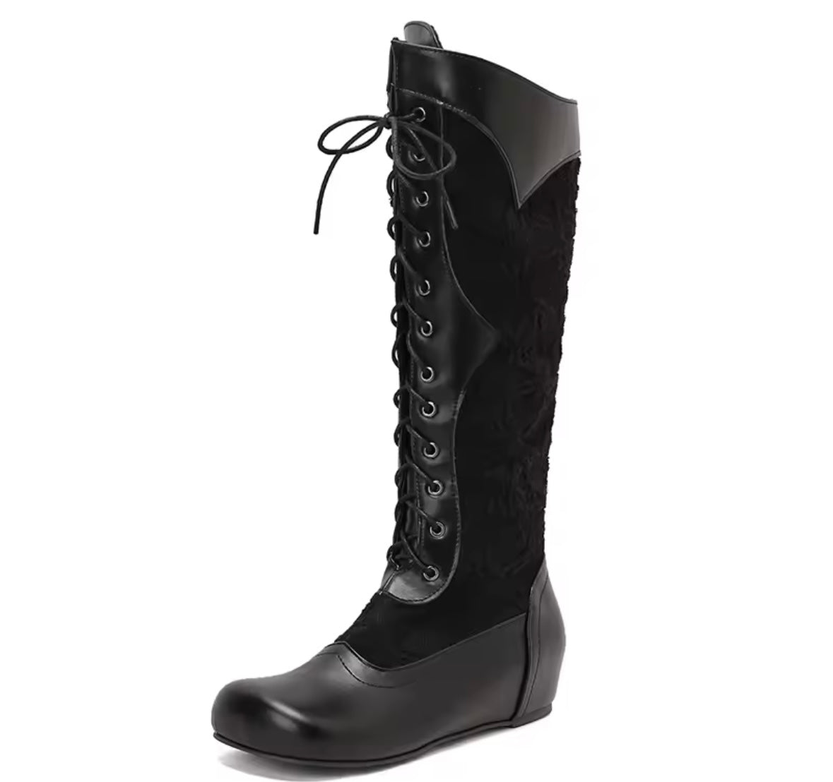 Women Fashion Floral Lace Up Flat Knee High Boots