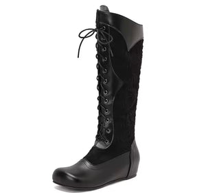 Women Fashion Floral Lace Up Flat Knee High Boots
