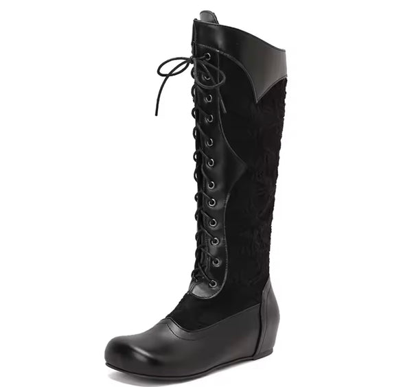 Women Fashion Floral Lace Up Flat Knee High Boots