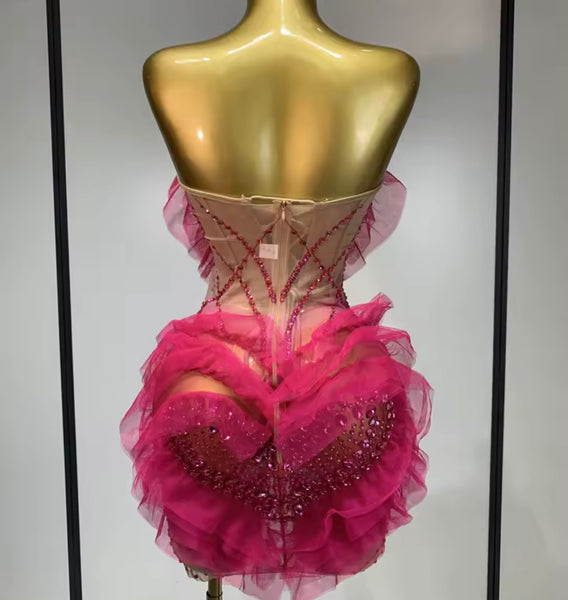 Women Pink Sexy Strapless Ruffle Rhinestone Mesh Dress