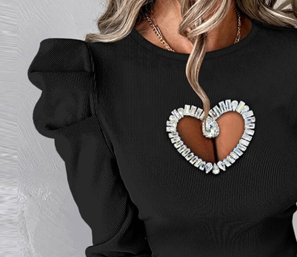Women Full Sleeve Cut Out Bling Heart Fashion Top