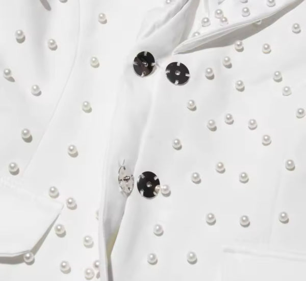 Women Solid Color Beaded Pearl Blazer Two Piece Pant Set