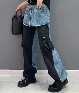 Women Fashion Color Denim Patchwork Cargo Pants