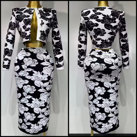 Women B&W Floral Print Full Sleeve Two Piece Bandage Skirt Set
