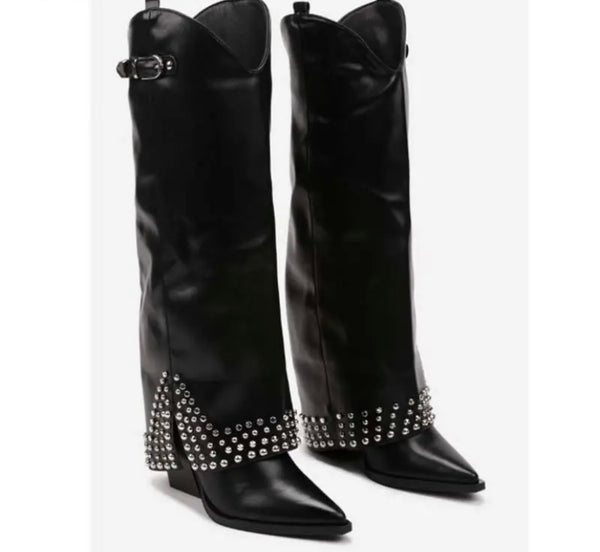 Women Fashion Rivet Suede/Faux Leather Knee High Boots