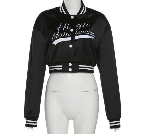 Women Fashion Letter Print Satin Varsity Crop Jacket