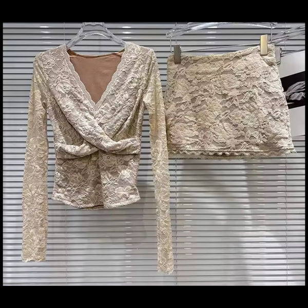 Women Sexy V-Neck Lace Full Sleeve Two Piece Skirt Set