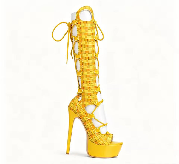 Women Fashion Open Toe Platform Lace Up Knee High Boots