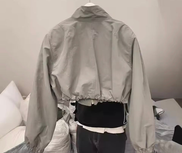 Women Fashion Drawstring Zip Up Jacket
