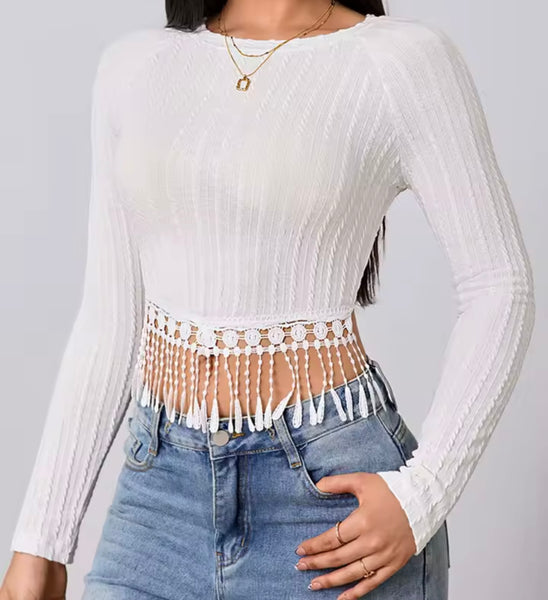 Women White Tassel Fashion Full Sleeve Crop Top