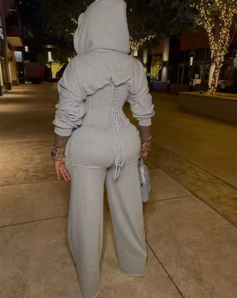 Women Fashion Hooded Corset Tracksuit Two Piece Pant Set