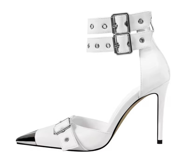 Women Fashion Metal Pointed Toe Buckled Ankle Strap High Heels