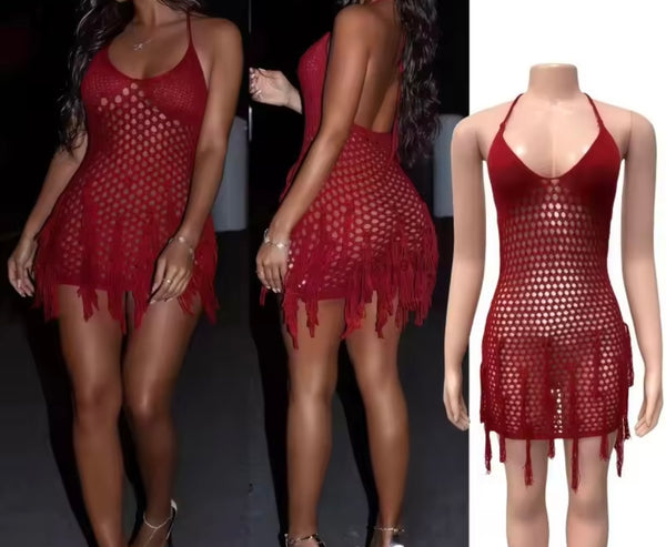 Women Sexy Sleeveless Red Knitted Fringe Dress