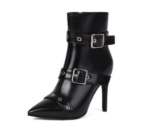 Women Fashion Pointed Toe Buckled Faux Leather Ankle Boots