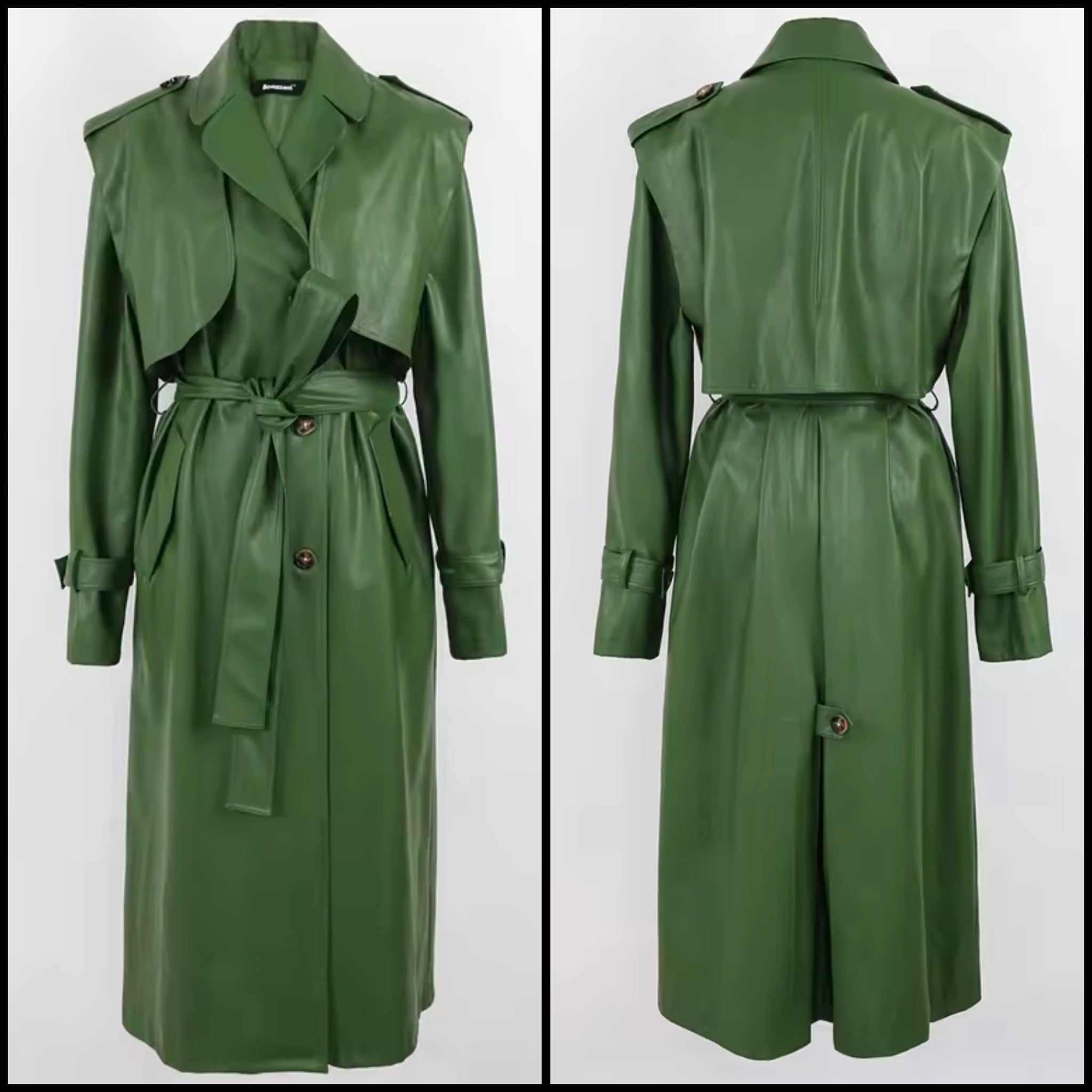 Women Green Faux Leather Fashion Long Trench Jacket