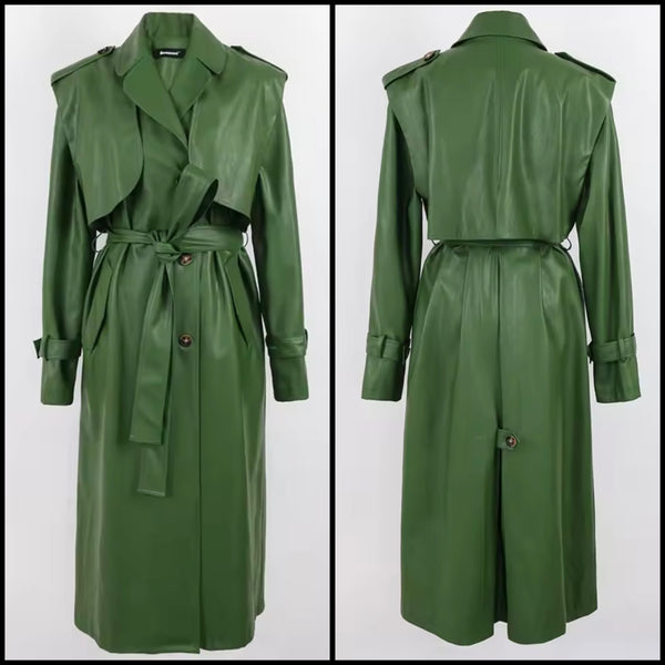 Women Green Faux Leather Fashion Long Trench Jacket